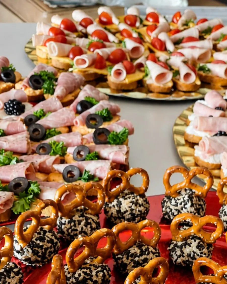 Bandejas de canapés con jamón, tomate cherry y pretzels