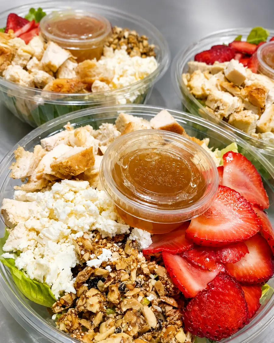 Ensaladas con pollo, fresa, nuez y queso