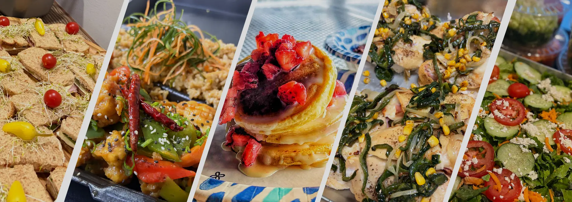 Collage de platillos: sándwiches, pollo agridulce, hot cakes con fresa, pechugas con rajas y elote, y ensalada